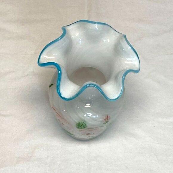 Fenton for Teleflora Cased Swirl Aqua Crest Hand Painted Ruffled Small Vase - Picture 4 of 12